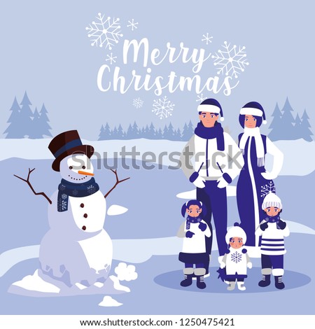 group of family with clothes christmas in winter landscape