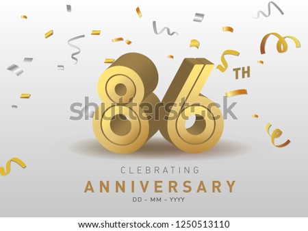 86 Anniversary gold numbers with golden confetti. Celebration 86th anniversary event party template.