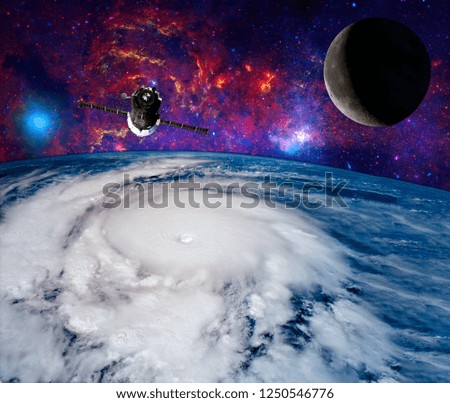 planet earth and moon orbit with ship and stronaut. Elements of this image furnished by NASA