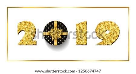 Happy New year card. 3D gift box, ribbon bow, gold number 2019 isolated white background. Golden texture Christmas glitter design. Holiday celebration, decoration, greeting banner Vector illustration