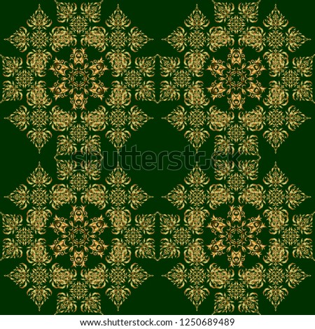 For printing on fabric, scrapbooking, gift wrapping. Vector seamless vintage pattern in gold on green background.