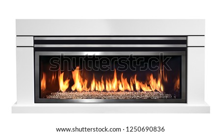 Burning gas fireplace isolated on white background.