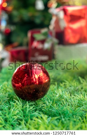 Close up of red dauble on green grass with blurred christmas tree. Merry xmas and happy new year background