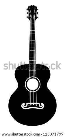 Retro acoustic guitar six strings silhouette illustration.