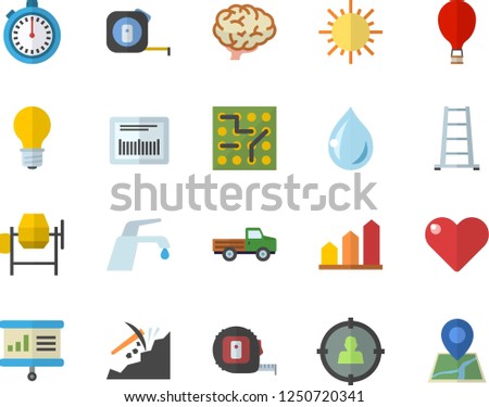 Color flat icon set concrete mixer flat vector, tape measure, faucet, pickup truck, ladder, sun, lamp, mining, target audience, barcode, presentaition board, electronic circuit, brain, stopwatch