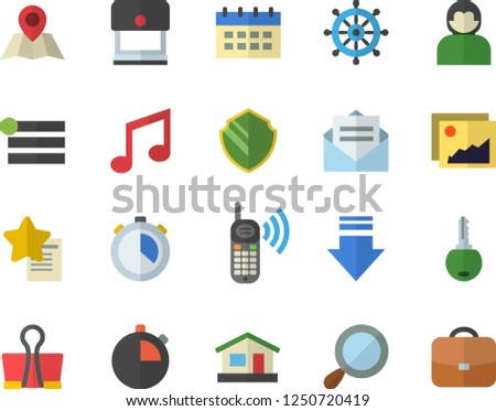 Color flat icon set house flat vector, phone call, security fector, gallery, menu, download, calendar, stamp, binder clip, steering wheel, magnifier, message, user, favorites, key, note, stopwatch