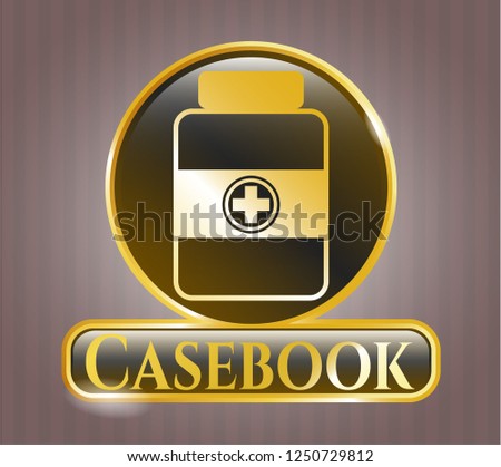  Gold emblem with medicine bottle icon and Casebook text inside