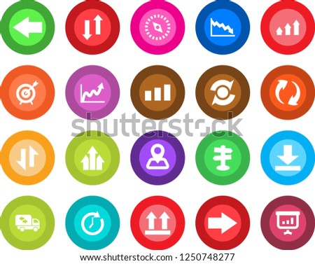 Round color solid flat icon set - right arrow vector, left, signpost, navigation, up side sign, sorting, update, data exchange, download, compass, moving, target, graph, clock, growth, crisis