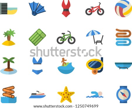 Color flat icon set towel flat vector, volleyball, bicycle, swimsuit, swimming, hotel first line fector, sea beach, chaise lounge, island, surfing, mask, flippers, starfish, aquapark, water scooter