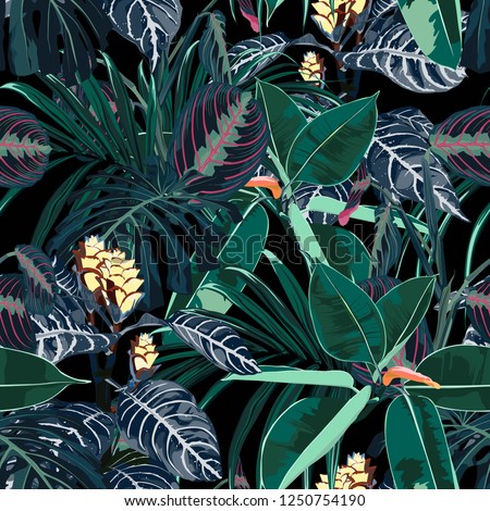 Hawaii print seamless pattern. Beautiful artistic summer tropical print with exotic forest plants. Dark navy blue.