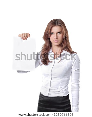 young business woman showing blank sheet.isolated on white