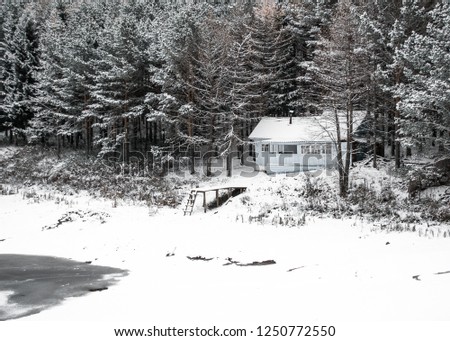 house in the forest on the frozen lake. Hunter's dwelling. Trees covered with snow. winter landscape. Winter wonderland background