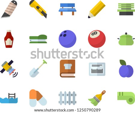 Color flat icon set paint brush flat vector, stationery knife, saucepan, cookbook, ketchup, plum, shovel, bench, radiator, barcode, stapler, pencil, satellit, bowling ball, pills, pool, whistle