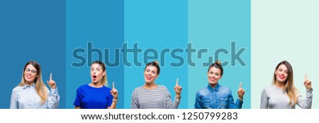 Collage of young beautiful woman over blue stripes isolated background pointing finger up with successful idea. Exited and happy. Number one.