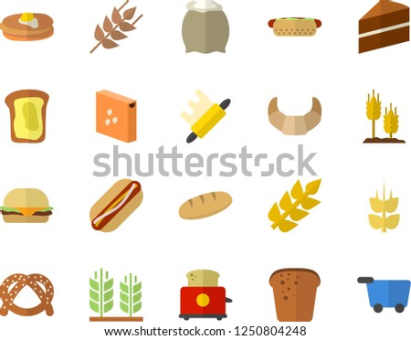 Color flat icon set cake flat vector, rolling pin, toaster, flour, groats, ear, pancakes, bagel, croissant, bread, hamburger, hot dog, sandwich, grocery trolley fector