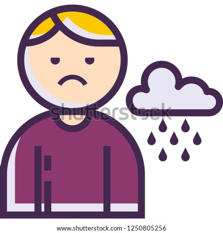 Line vector icon illustration of male with gloomy face and raincloud, depression and frustration concept