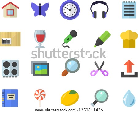 Color flat icon set cook hat flat vector, scissors, electric stove, lemon, lollipop, wine, butterflies, magnifier, marker, clock, barcode, notepad, textbook, house, gallery, upload, microphone, drop