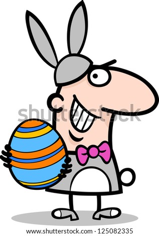 Cartoon Illustration of Funny Man in Easter Bunny Costume with Easter Egg in his Hands