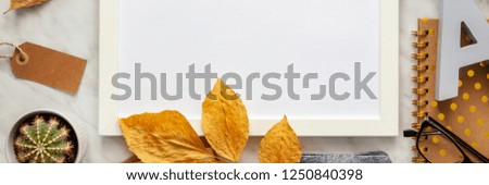 Autumn composition background. Artist home office desk workspace, frame, autumn leaves, cactus, notebook, letter. Flat lay, top view creative minimal mock up template. Panoramic copy space

