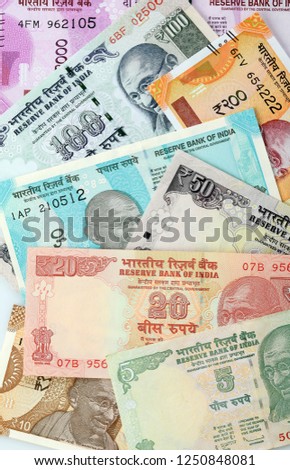 Finance: Top View of New Indian Currency Notes 