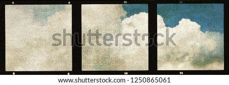 Triple vintage film strip frame with blue sky and clouds.