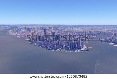 Manhattan, New York, USA - Aerial view of Downtown and the financial district with Hudson River