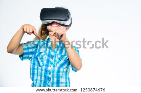 Get virtual experience. Virtual reality concept. Kid explore modern technology virtual reality. Girl cute child with head mounted display on white background. Virtual education for school pupil.