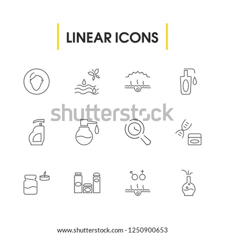 Cosmetology icons set with magnifying, cosmetic gel and bottle cosmetic elements. Set of cosmetology icons and test tube concept. Editable vector elements for logo app UI design.