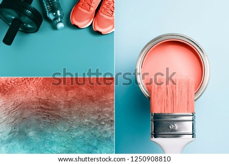 Creative collage in Living Coral color. Main trend concept. Natural and authentic mood. Royalty-Free Stock Photo #1250908810