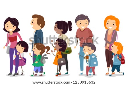 Illustration of Stickman Kids with Parents Lining Up for the First Day of School