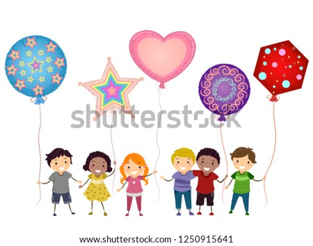 Illustration of Stickman Kids Holding Mylar Balloons in Different Shapes