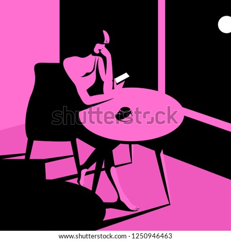 Dark room, window, moon in night sky. Woman sitting at the table with a cup of coffee and mobile phone. Vector illustration