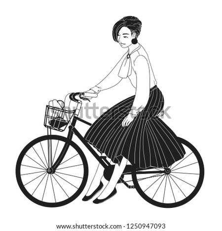 Young lady dressed in elegant clothes riding city bike drawn with contour lines on white background. Monochrome portrait of smiling woman sitting on bicycle. Stylish bicyclist. Vector illustration.