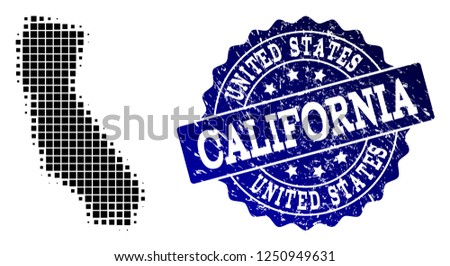 Geographic composition of dot map of California and blue grunge seal watermark. Halftone vector map of California formed with rectangle points. Flat design for cartographic purposes.