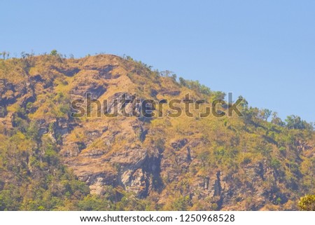Ant's eye view of Pang Ma-O Cliff on top of rock mountain with blue sky background, hidden view point above Phu Langka and resort (photo corner), Phayao Province, unseen Thailand.