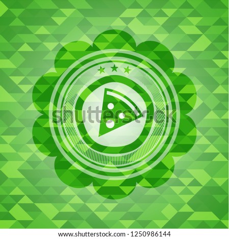 pizza slice icon inside realistic green emblem. Mosaic background