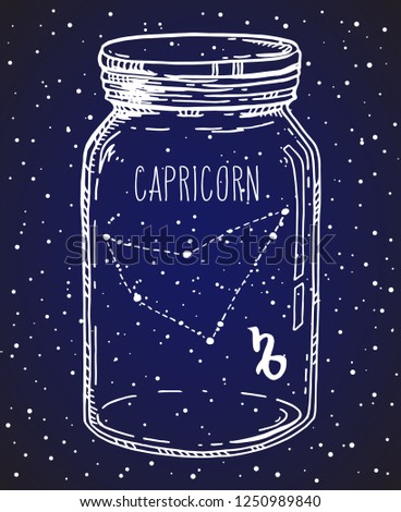 Capricorn hand drawn Zodiac sign constellation in a mason jar. Vector graphics astrology illustration. Western horoscope mystic symbol over starry night sky.