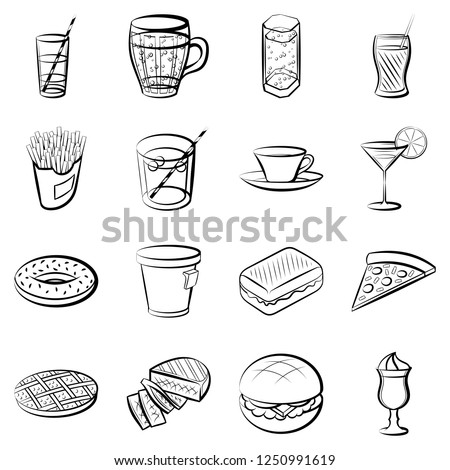 American food and Drinks set. Background for printing, design, web. Usable as icons. Seamless. Monochrome binary, black and white.
