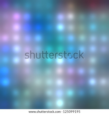 Neon lights background of dots and colored spots of light blue, purple and green lights. Defocused background of night club stage with bright lights. Perfect wallpaper for party flayer design.
