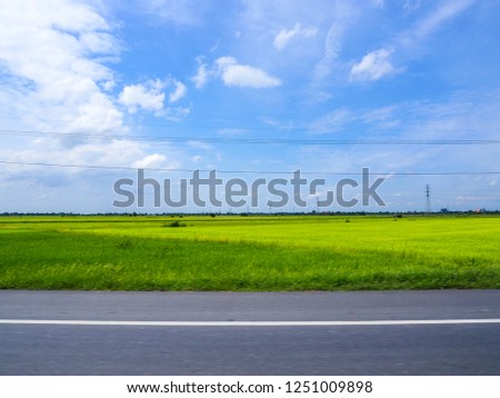 Empty asphalt road between  green and yellow field under the blue sky take picture on the car while driving.