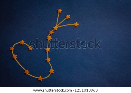 On a blue background yellow stars. Zodiac sign, the constellation Scorpio. Top view, vignetting. Figure made by the author.