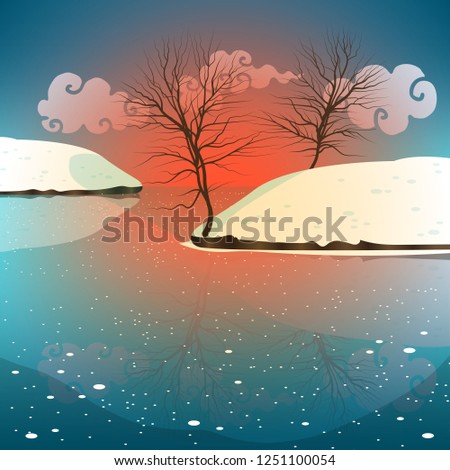 winter landscape with a red sunset sky and icy lake