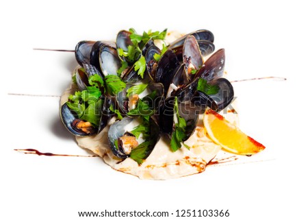 isolated plate of mussels on white background