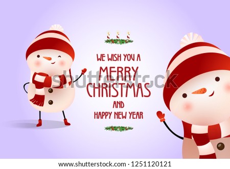 Christmas and New Year poster design. Joyful snowmen pointing at text on lilac background. Illustration can be used for banners, flyers, greeting cards