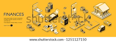 Financial analysis, investments and business consulting company, online banking and accounting service isometric vector horizontal web banner or poster with mobile digital payments line art concept Royalty-Free Stock Photo #1251127150