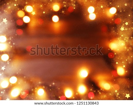 christmas background and garland lights with fir branches cones on wooden board