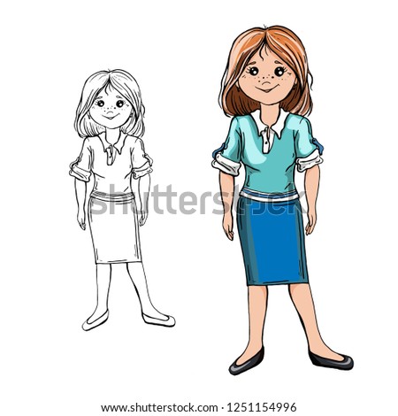 woman standing, outline drawing, vector image Funny cartoon character. Vector illustration. Isolated on white background. Coloring book. Color and black and white image