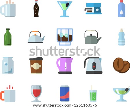 Color flat icon set teapot flat vector, electric kettle, coffee machine, beans, lemonade, wine, cocktail, whiskey, soda, coffe, tea, glass bottles, water, fector