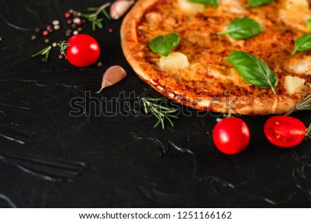 pizza, pineapples, chicken, tomato sauce, vegetables, basil (pizza ingredients). food background. copy space