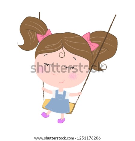 Cute cartoon girl with red bows on swing. Leisure concept. Vector illustration can be used for topics like vacation, outdoor activity, playing